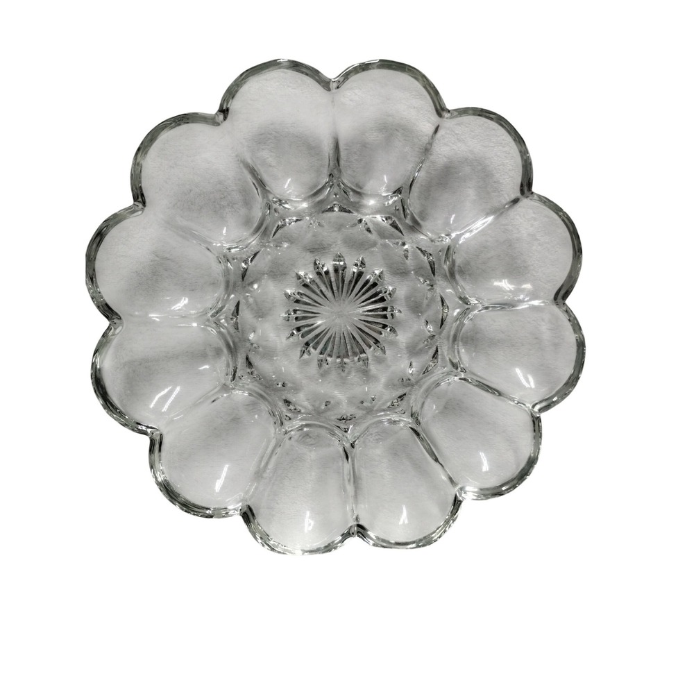 Vintage Clear Glass Deviled Egg Plate 12 Well Starburst Center Mid‎ Century